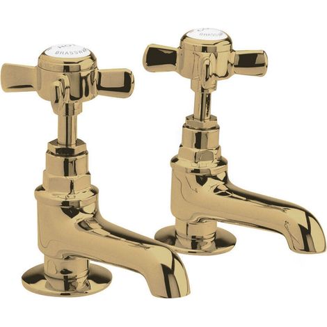 Traditional Bathroom Crosshead Basin Pillar Taps - Brushed Brass (1/4)
