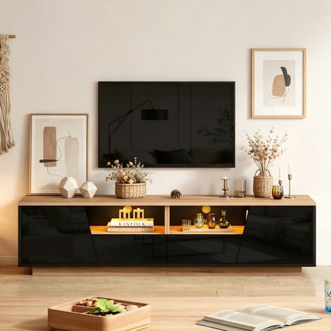 Mueble TV LED (180x40x46 cm), con 2 armarios y 2 cajones, 2 compartimentos semiviertos, tablero aglomerado, negro (1/5)