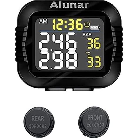 Système de surveillance de la pression des pneus pour moto Précis à 2 décimales Grand affichage de l'heure LCD Moteur à 2 roues sans fil Alarme de pneu automatique 2 capteurs externes (1/5)