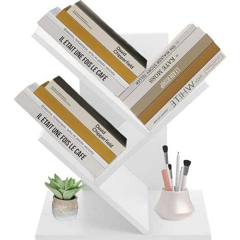Bibliothèque en forme d'arbre - Étagère de bureau à 4 niveaux en bois - Petite bibliothèque pour livres, CD, bureau - Facile à monter (blanc, 2 niveaux) (1/5)