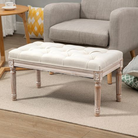 Banco tapizado estilo vintage francés con efecto lino y patas de madera blanco crema (1/5)