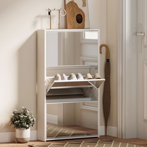 Porte chaussures hall Blanc entrée 3 portes miroir étroit 9 paires 65x17x114,5 cm