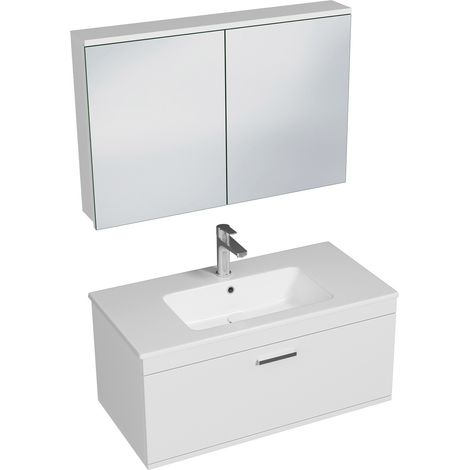 RUBITE Meuble salle de bain simple vasque 1 tiroir blanc largeur 90 cm + miroir armoire (1/5)