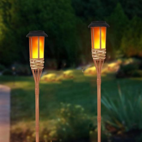 Lampe solaire à flamme clignotante étanche pour l'extérieur, lampe de jardin oscillante en forme de flamme, torche pour île faite main en placage de bambou (2 pièces) (1/5)