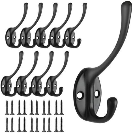 royaluxe-Lot de 10 crochets de suspension noirs - Design à double crochet - Crochet mural - Crochet pour clés - Crochet pour serviette (1/5)