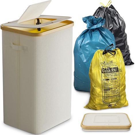 Support pour sac poubelle jaune stable avec couvercle - Grande poubelle rectangulaire de 100 litres blanche - Idéale pour la cuisine, les déchets généraux et recyclables (1/5)