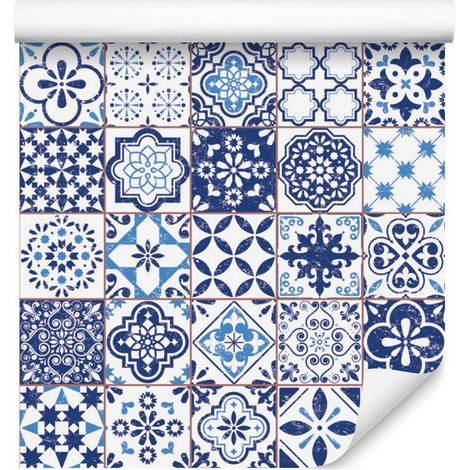 Papel pintado de mosaico retro azul y blanco para salón y dormitorio, 50x1000 cm. (1/5)
