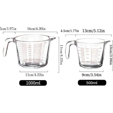 2-teiliges Messglas-Set, Messbecher aus Glas, Messbecher mit Skala, transparenter Messbecher mit Skala, Milchmessbecher, für Kaffee, Wein, Saft, Milch (500 ml, 1000 ml) (1/5)