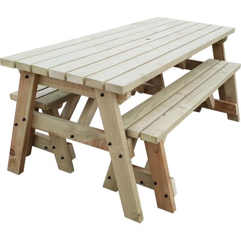 7ft (210cm) Picnic table and bench set, natural (light-green) finish, Victoria compact square corners