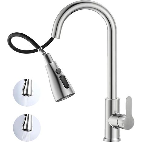 Robinet cuisine extractible haute pression inox étanche, trois modes d'eau réglables, 2 tuyaux G3/8 fournis, pour évier surélevé