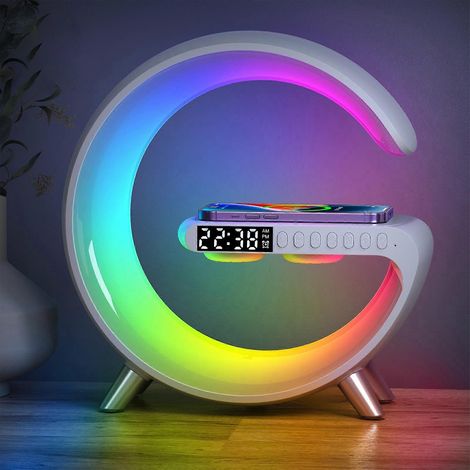 L'enceinte Bluetooth intelligente N69 prend en charge la recharge sans fil, le réveil et l'éclairage d'ambiance. Elle est blanche. (1/4)