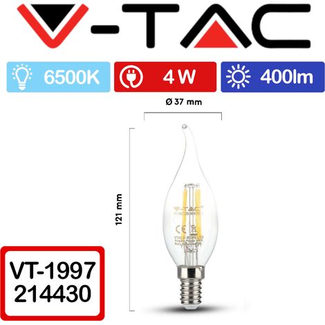 V-TAC VT-1997 Lampadina LED E14 4W Candela a Fiamma a Filamento Bianco freddo - 6500K (1/5)
