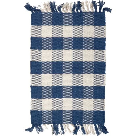 Tapis 40 x 60 cm coton brodé carreaux bleu et blanc et franges – ATLAS (1/5)