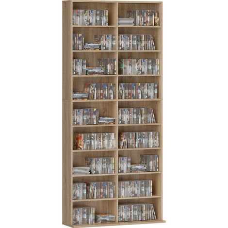 Porta DVD a 9 livelli con 18 scomparti e 14 ripiani regolabili, spazio per 640 CD, 360 DVD o 430 Blu-ray, in legno naturale.