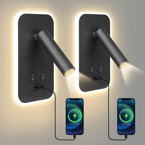 Liseuse de Chevet, 2PCS Applique Murale LED Chambre avec Interrupteur et Charge USB, 3W+9W 3000K Fixation Murale Spot Rotatif, Lumières Mural Lit Lampe Murale Couloir Hotel (Noir-2pcs) [Classe énergét (1/5)