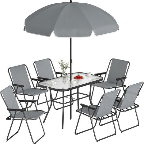 Set 8 pièces salon de jardin 6 places pour repas extérieur avec table en verre chaises pliantes et parasol gris (1/5)