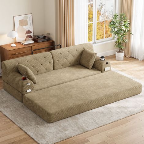 Sofá cama de 3 plazas, sofá de cordón comprimido con respaldo alto, marco de metal, espuma de alta densidad, 2 portavasos y 4 bolsillos laterales, adecuado para sala de estar y espacios pequeños, caqu (1/5)