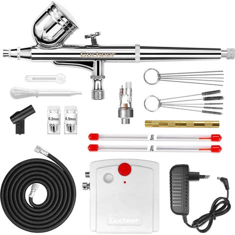 ZOLGINAH El kit completo de compresor de aerógrafo incluye pistola de aerógrafo de doble acción, mini compresor, filtro, soporte, manguera, mini llave inglesa, cuentagotas, kit de limpieza de aerógraf (1/5)