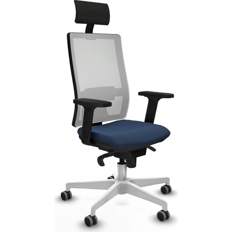 Synchro ottoman maille blanche faux cuir bleu marine accoudoirs bleu marine base 2D blanche tête de lit fixe roulettes caoutchoutées 65mm