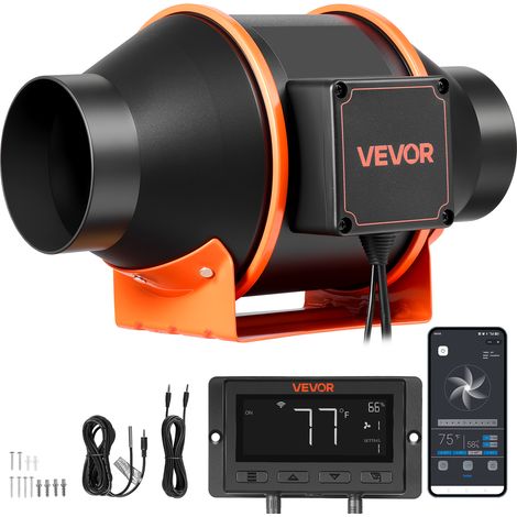 VEVOR 101,6mm Rohrventilator Regelbar, 349m³/h Inline-Rohrlüfter mit PWM & App-Steuerung, Kanalventilator mit 10 Stufen 9h Timer EC-Motor, Abluftventilator für Gewächshaus Badzimmer Keller Rauchabzug (1/5)
