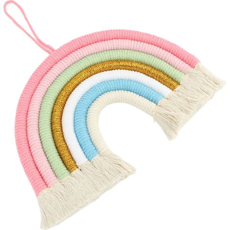 Décoration murale arc-en-ciel en macramé tissé à la main, 7 couleurs, avec pompons, idéale pour la maison ou la chambre (accessoire photo BZ-703) (1/5)