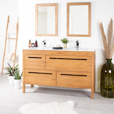Wanda Collection – Meuble salle de bain en teck massif avec vasque céramique 140 cm – 4 tiroirs avec fermeture amortie – Résistant à l'humidité
