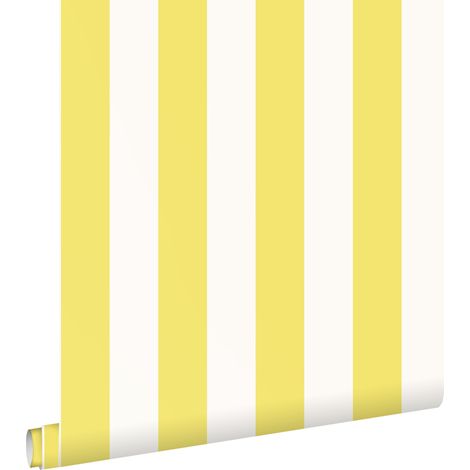 Papier peint intissé à rayures jaune et blanc – Dimensions 53cm x 10.05m – Raccord libre – Facile à poser sans table à tapisser – Estahome