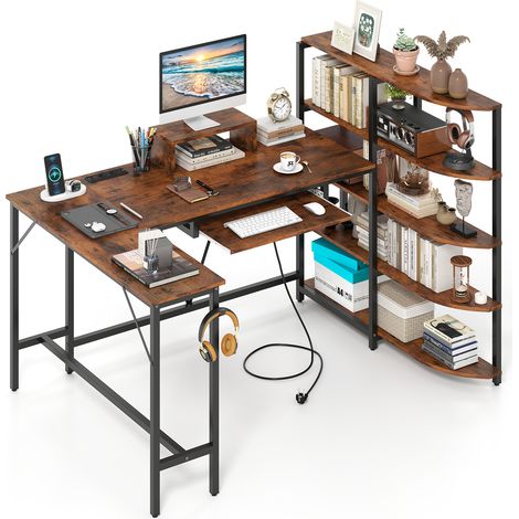 COSTWAY L Shaped Desk Corner Computer Desk with Storage Shelves-Brown (1/5)