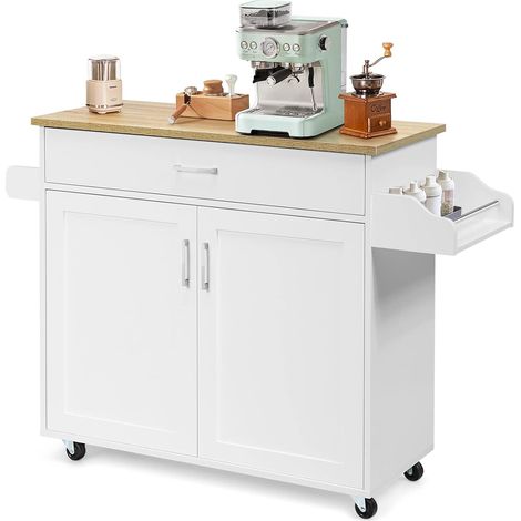 Rolling Kitchen Island with Storage, Multifunctional Storage Cabinet with Towel Rack, Spice Rack, Large Drawer & Adjustable Shelf, 116 x 40 x 85 cm Mobile Cart with Lockable Universal Casters, White (1/5)