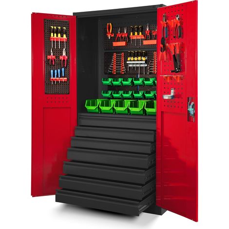Jan Nowak Werkzeugschrank TC007 Werkstattschrank Garagenschrank Universalschrank Lagerschrank Pulverbeschichtet Flügeltüren Stahlblech 185 cm x 92 cm x 50 cm (anthrazit/rot) (1/5)