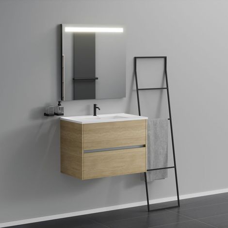Inda - Badezimmerschrank 2 Schubladen L.80 mit beleuchtetem Spiegelwaschbecken – Natureiche