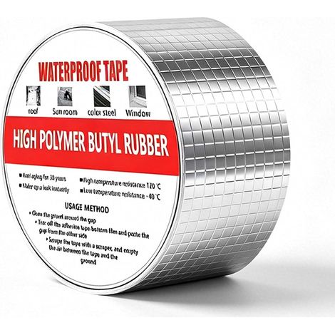 Bande Butyle Étanche, Ruban D'étanchéité Aluminium 5cm x 5m Ruban butyle autocollant avec aluminium, étanche et résistant aux intempéries pour toiture, tuyaux et réparations extérieures (1/5)