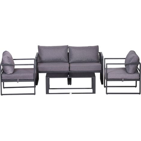 Vierteiliges Gartenmöbel Set, Sitzgruppe, Sofa Mit Sitzkissen, Tisch Mit Stauraum, Polyester, Grau, 138 X 69 X 63 Cm