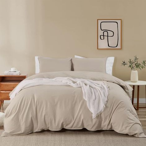 Parure de lit 200x220 Beige - en microfibre sans repassage et sans froissage Housse de couette 200 x 220 avec 2 taies d'oreiller de 80 x 80 cm avec fermeture éclair (1/5)