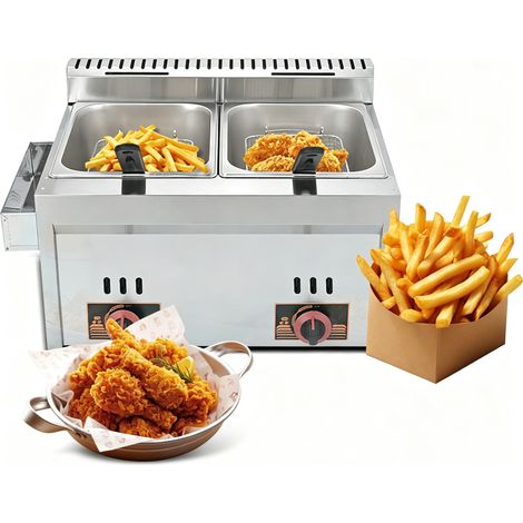 Friteuse à gaz deux cuves 8L+8L, Friteuse À Gaz Grande Capacité, Acier inox, avec Paniers Amovibles, épaissir, Facile enlever laver
