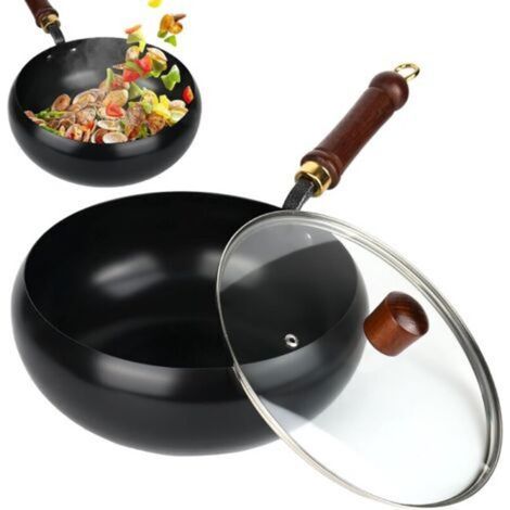 Poêle en fonte - Poêle en fer non revêtue - Poêle antiadhésive forgée à la main - Récipient de cuisson polyvalent avec couvercle pour mijoter et rôtir à haute température - Compatible avec les (1/5)