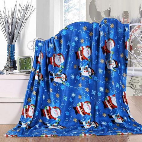 Plaid - Velours Microfibre Imprimé Noël - 127 x 152 cm - Bleu - Motif Père Noël Bonhomme De Neige - Pour Canapé Lit Décoration Intérieure - 1 Pièce (1/5)
