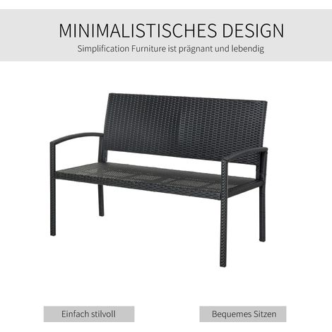 Banc d'extérieur effet rotin, cadre en métal, 2 places, noir, 122 x 60 x 85 cm (1/4)