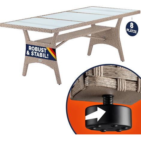 Table de jardin polyrotin 190x90x74 cm plaque en verre de sécurité avec compartiment réglable résistant aux intempéries Crème (1/5)
