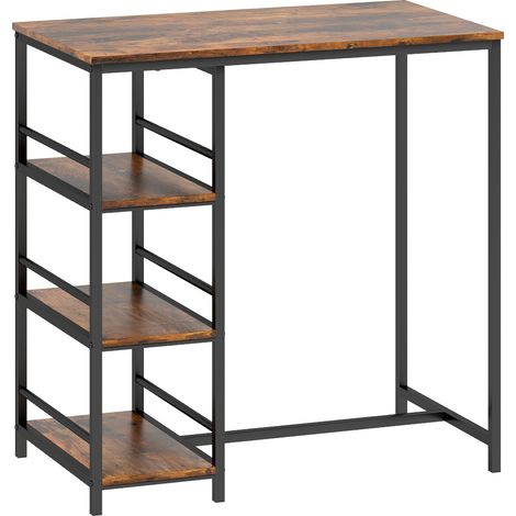 Table de bar debout 3 étagères rangement, cadre acier, 90 x 50 x 90,5 cm, brun rustique, noir (1/5)
