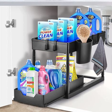 Skecten – Étagère de rangement sous évier – Organisateur coulissant 2 niveaux en acier inoxydable – Dimensions 40x22x30.5cm – Capacité 12kg