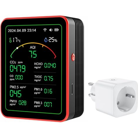 Moniteur de Qualité de L'Air 15 en 1 Testeur de Qualité de L'Air Intelligent avec PM CO 2 CO TVOC HCHO Affichage de la Température et de L'Humidité Prise UE B (1/5)