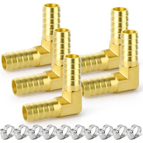 5pcs 16mm Brass 90 Degree Elbow Pipe Fitting 2 Way L Shape Elbow Pipe Fitting with 10 Clips (1/5)