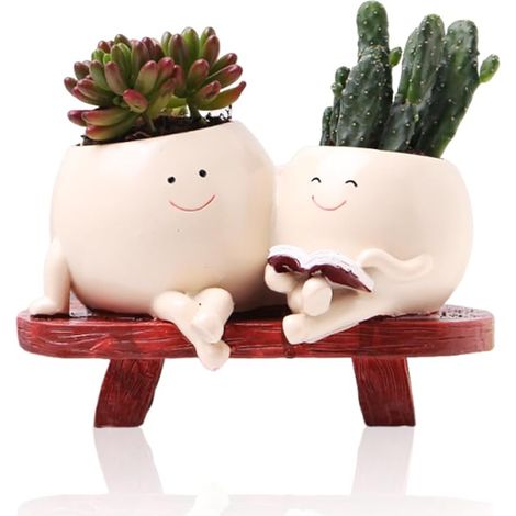 Smiley Face Flower Pot, Resin Flower Pot, Double Rocking Chair Flower Pot, with Drainage Hole, Gift Ideas for Mom (1/5)