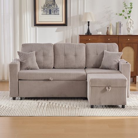 Divano letto 3 posti 196x82x85 cm in tessuto grigio chiaro con contenitore, FloraGrace (1/5)