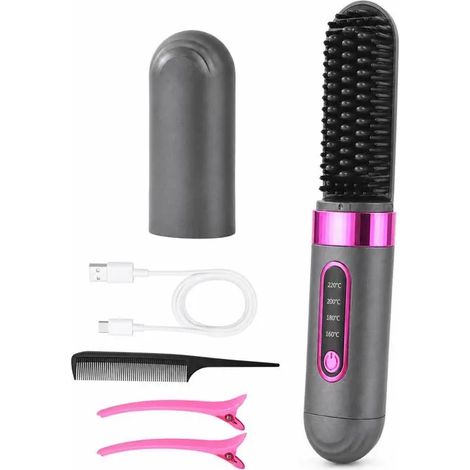 Brosse lissante  sans fil 2-en-1 céramique 4 températures portable rechargeable cheveux peigne noir (1/5)