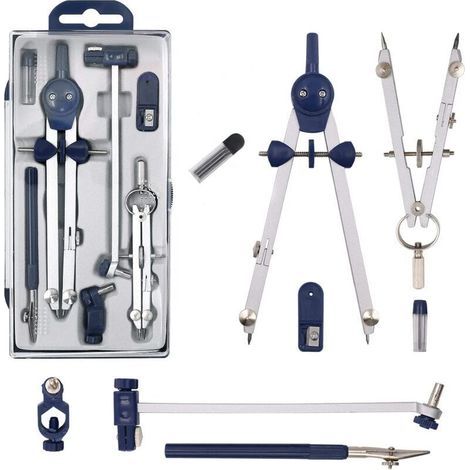Lot de compas en acier inoxydable avec 5 accessoires – Mine de 2 mm – Pour dessin technique et géométrie – Facile à transporter (1/5)