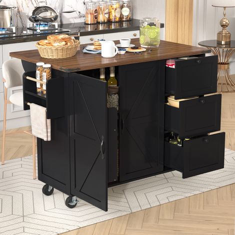 Îlot de cuisine, desserte avec plan de travail coulissant, meuble de cuisine, chariot de cuisine, desserte avec finition bois, desserte à deux portes et trois tiroirs, noir
