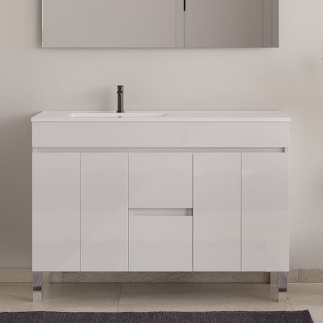Meuble de salle de bain 120cm sur pieds avec vasque déporté - sans miroir - portes et tiroirs - blanc - HARO (1/5)