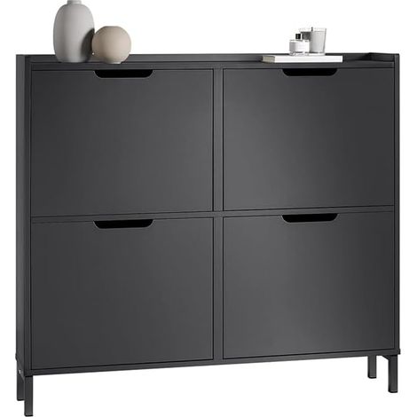 Sobuy – Meuble à chaussures étroit 4 abattants – Rangement pour 12 paires – Dimensions L100xP19xH91cm – En bois MDF noir – FSR100SCH